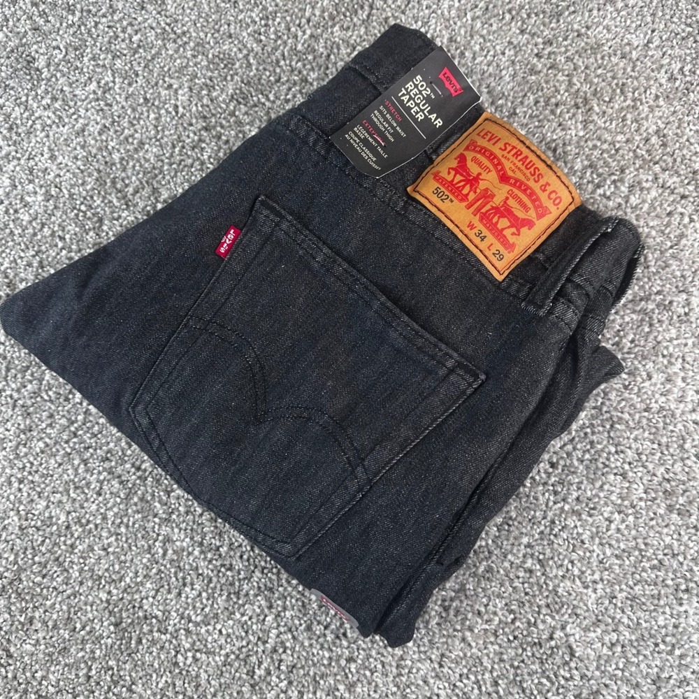 Levis 502 Regular Taper Jeans Mens 34x29 Black Stretch Denim Jeans NWT